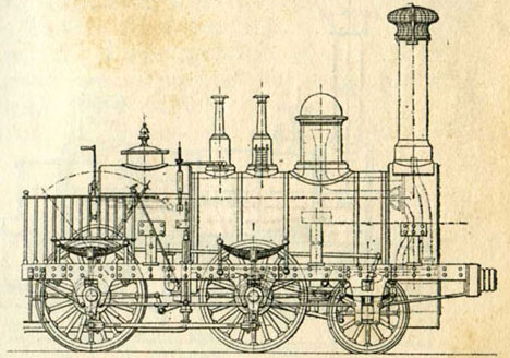 Fig. 3. - La  Victorieuse, construite en 1838 par Stephenson pour le chemin de fer de Versailles rive gauche. (D'après M. Deghilage.)