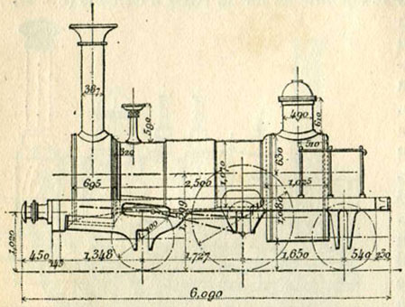 Fig. 5. - Locomotive à essieux indépendants de Buddicom, construite en 1843 pour le chemin de fer de Paris à Rouen. Surface de grille, 0,87 m ; diamètre des cylindres, 317 mm ; course des pistons, 534 mm ; poids de la machine en service, 14 700 kg.