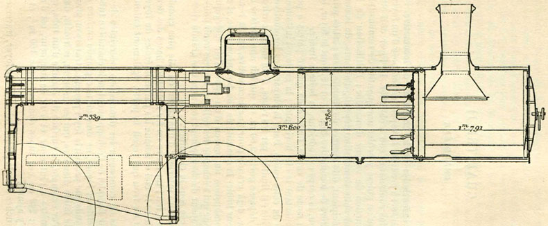 Fig. 17. - Chaudière des locomotives n<SUP>os</SUP> 503 à 522 des chemins de fer de l'Ouest (compound à 4 cylindres et à 2 essieux couplés) ; coupe longitudinale.