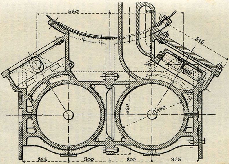 Fig. 104. - Cylindres intérieurs des locomotives n<SUP>os</SUP> 963-998 des chemins de fer de lOuest. Daprès M. Demoulin.