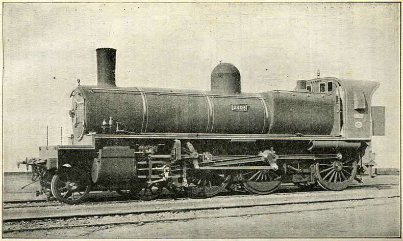 Fig. 264. - Locomotive à trois essieux couplés et à bogie des chemins de fer de lOuest.