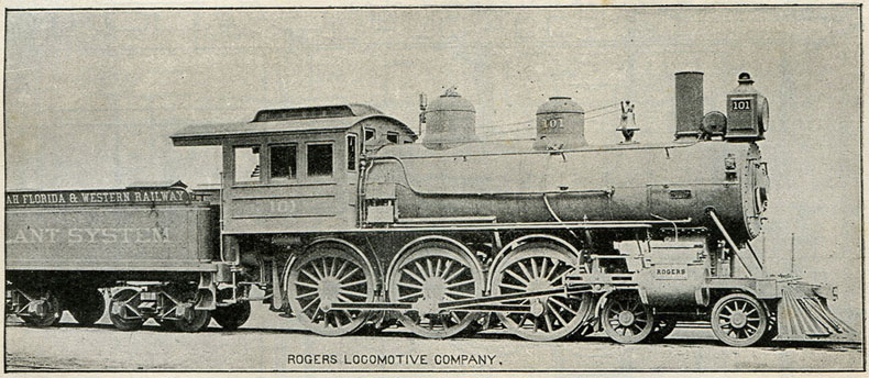 Fig. 265. - Locomotive à 3 essieux couplés, construite en 1895 par la Rogers locomotive Co. Cylindres de 508 mm sur 610 mm ; diamètre des roues motrices, 1,830 m ; poids en service, 68 000 kg ; poids adhérent, 50 000 kg.