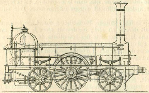 Fig. 2. - Locomotive construite en 1843 par Stephenson pour le chemin de fer de Paris à Orléans. (D'après M. Deghilage.)