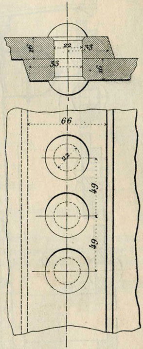 Fig. 62. - Rivure à recouvrement, avec simple rang de rivets. (Nota : une des cotes 33 est mal placée sur cette figure.)