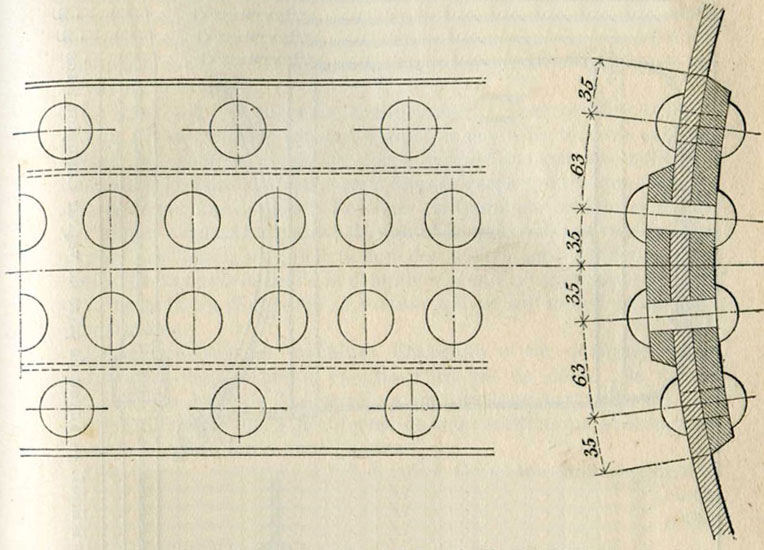 Fig. 64. - Rivure longitudinale à deux couvre-joints inégaux.