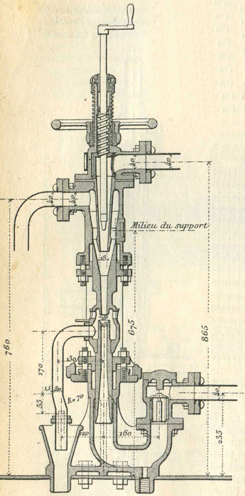 Fig. 84. - Injecteur vertical des anciennes locomotives des chemins de fer de Paris à Lyon et à la Méditerranée, dérivé du type Giffard.