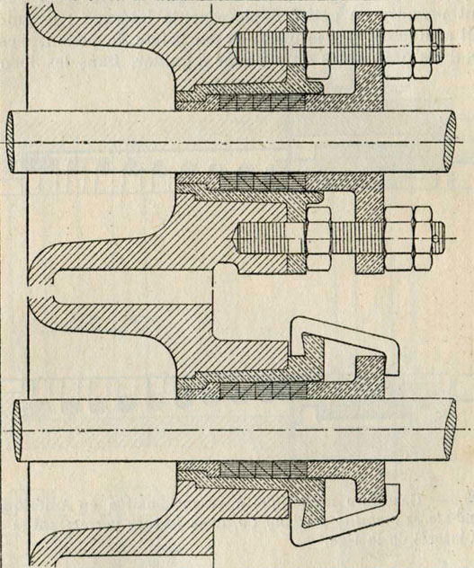 Fig. 122. - Garniture métallique contenue dans un fourreau en bronze, qu'on enlève en le rattachant au presse-garniture par deux petits étriers et en poussant le presse-garniture par les écrous placés en dessous.