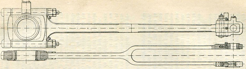 Fig. 127. - Bielle motrice avec petite tète à fourche et à chapes rapportées, et avec grosse tête à cage ouverte et à chapeau.
