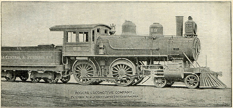 Fig. 244. - Locomotive américaine à deux essieux couplés, construite en 1895 par la Rogers locomotive Co. Cylindres de 457 mm avec course de 660 mm ; diamètre des roues motrices, 1,750 m ; poids en service, 49 000 kg ; poids adhérent 31 500 kg.