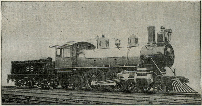 Fig. 251. - Locomotive américaine à deux essieux couplés, avec bogie à l'avant et essieu porteur sous le foyer, construite par les ateliers Baldwin à Philadelphie, vers 1895.