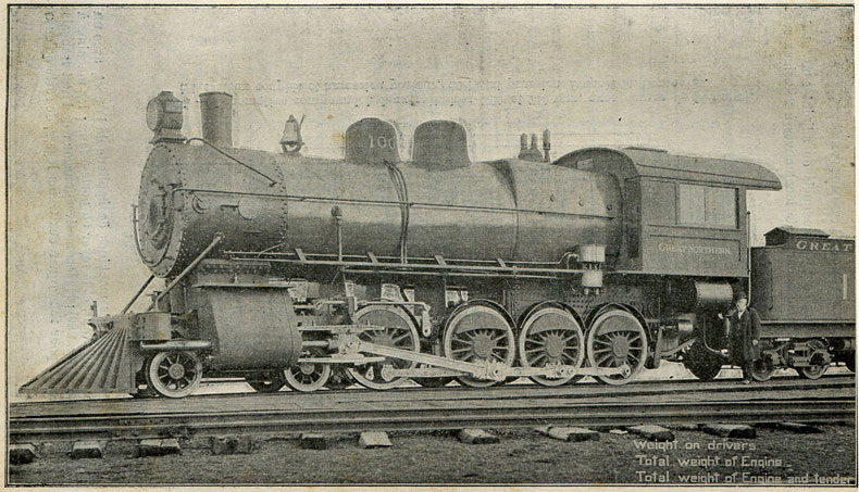 Fig. 276. - Locomotive américaine, à 4 essieux couplés et bogie, des ateliers Brooks ; poids en service, 96 t ; poids adhérent, 78 t.