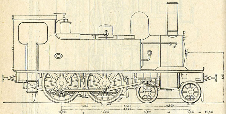 Fig. 280. - Locomotive-tender à 2 essieux couplés et à bogie, avec cylindres extérieurs, du chemin de fer du Nord. D'après M. Demoulin.